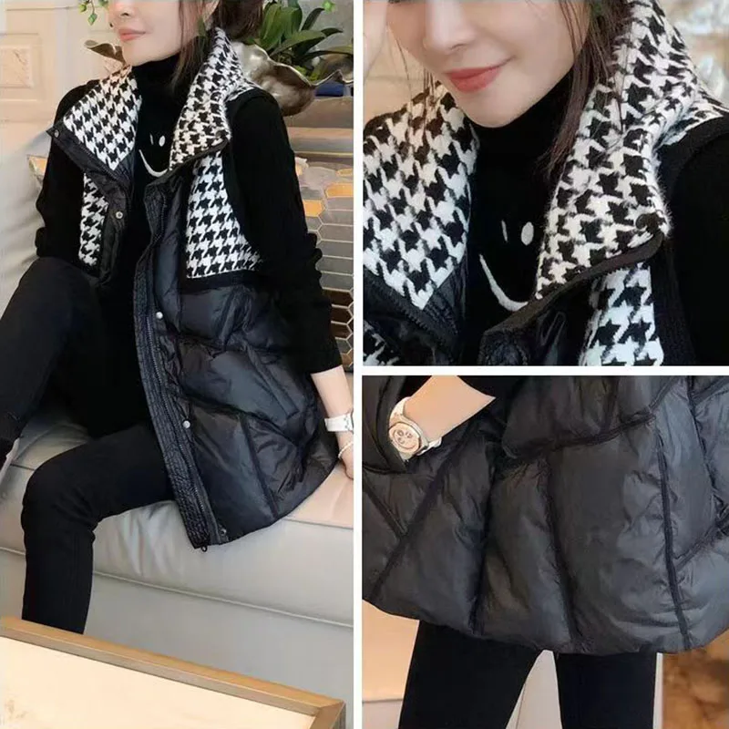 New Womens Plaid Splicing Down Cotton Vest Coat Autumn Winter Black Sleeveless Cotton Jacket Female Casual Warm Puffer Waistcoat