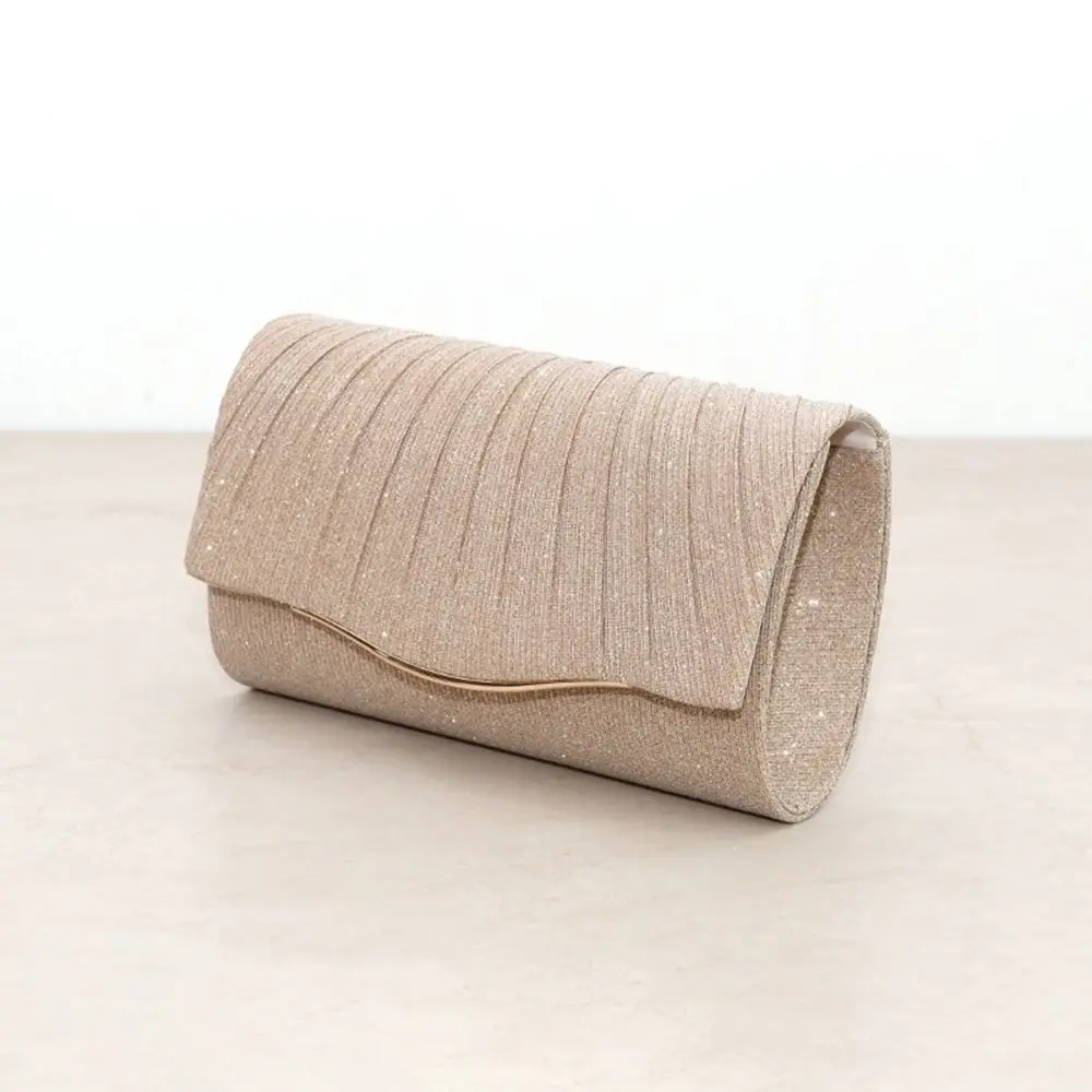 Pleated Flap Wedding Bag Detachable Chain Strap Foldover Closure Evening Clutch Bag Elegant Style Glitter Fabric