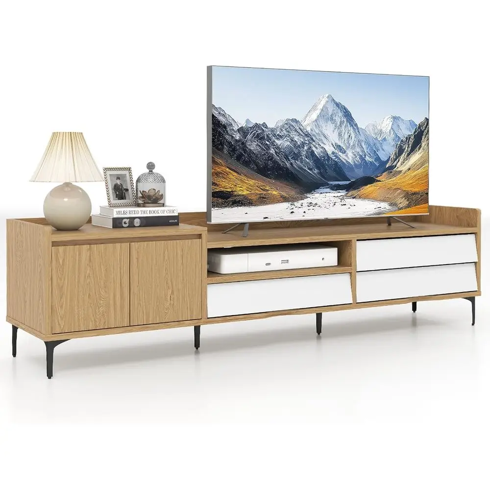 

Modern Entertainment Center for TVs up to 80 with Storage, 3 Drawers, Open Shelf, Cable Management, White Wooden Media Table