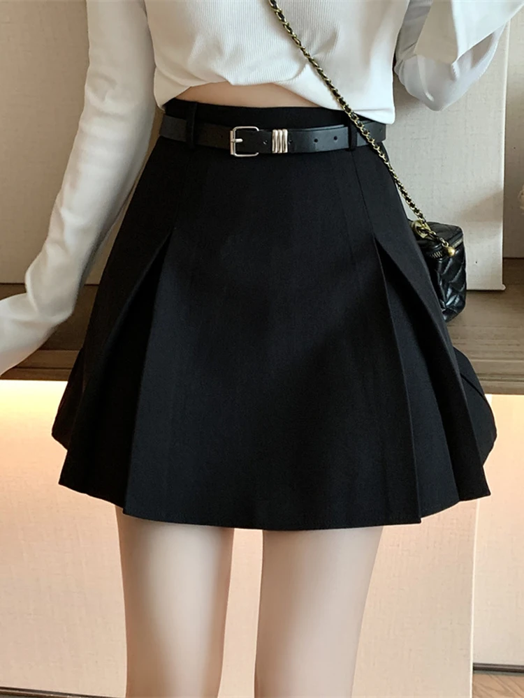 

A-line Spring Summer Women Skirts Solid Korean Fashion High Waist Faldas Mujer Simple Chic Belt Mini Skirt