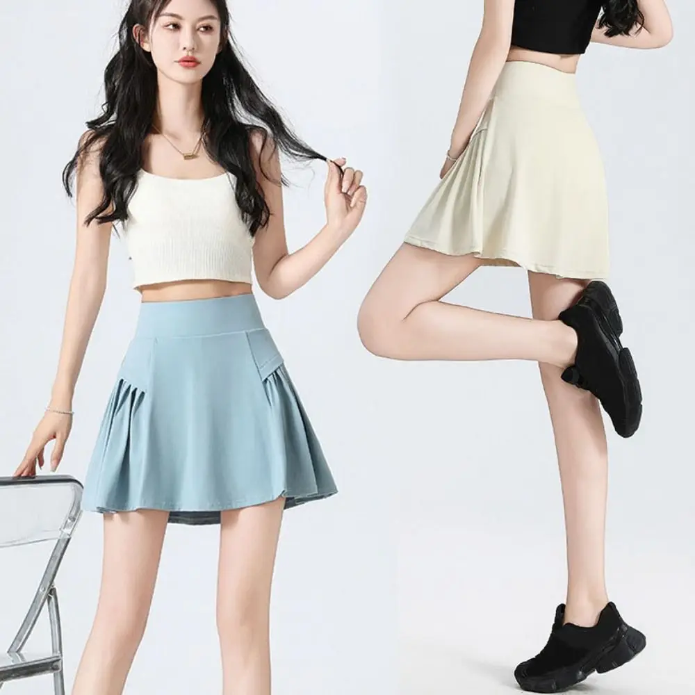 

Дышащая плиссированная юбка с высокой талией, искусственная двойная антибликовая теннисная короткая юбка, одежда для фитнеса, однотонные спортивные брюки, юбка
