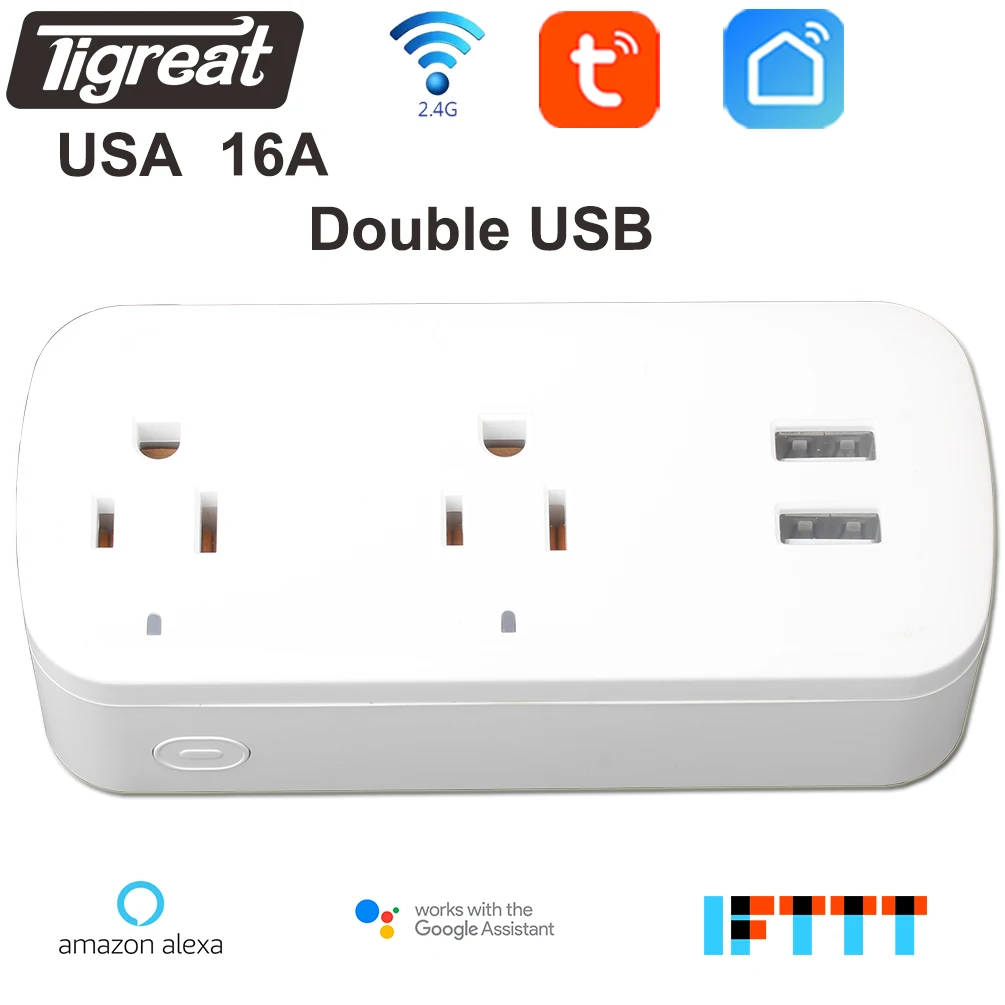 16A USB Socket Wifi Smart Plug US USA Wireless Power Outlet Remote Control Timer for Tuya APP Alexa Google Home