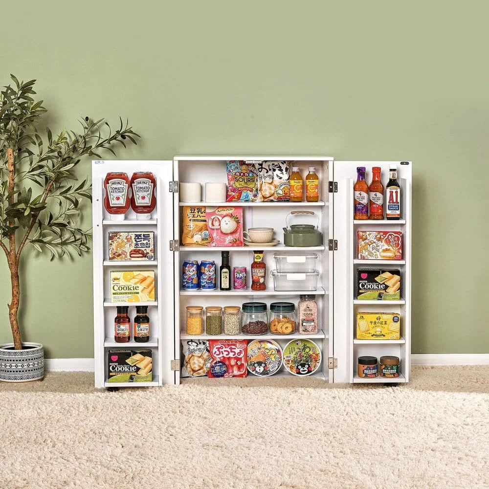 35.5 بوصة أبيض 35.5 بوصة. خزانة مكتبية مميزة، خزانة تخزين صغيرة للمطبخ مع بابين وعجلتين