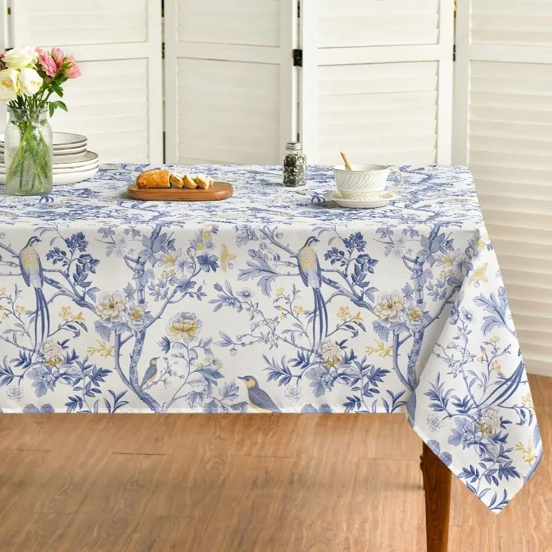 Chinese Style Tablecloth Modern Peacock Flower Pom Poms Autumn Washable Tablecloth Suitable for Party Picnic Dinner Decoration