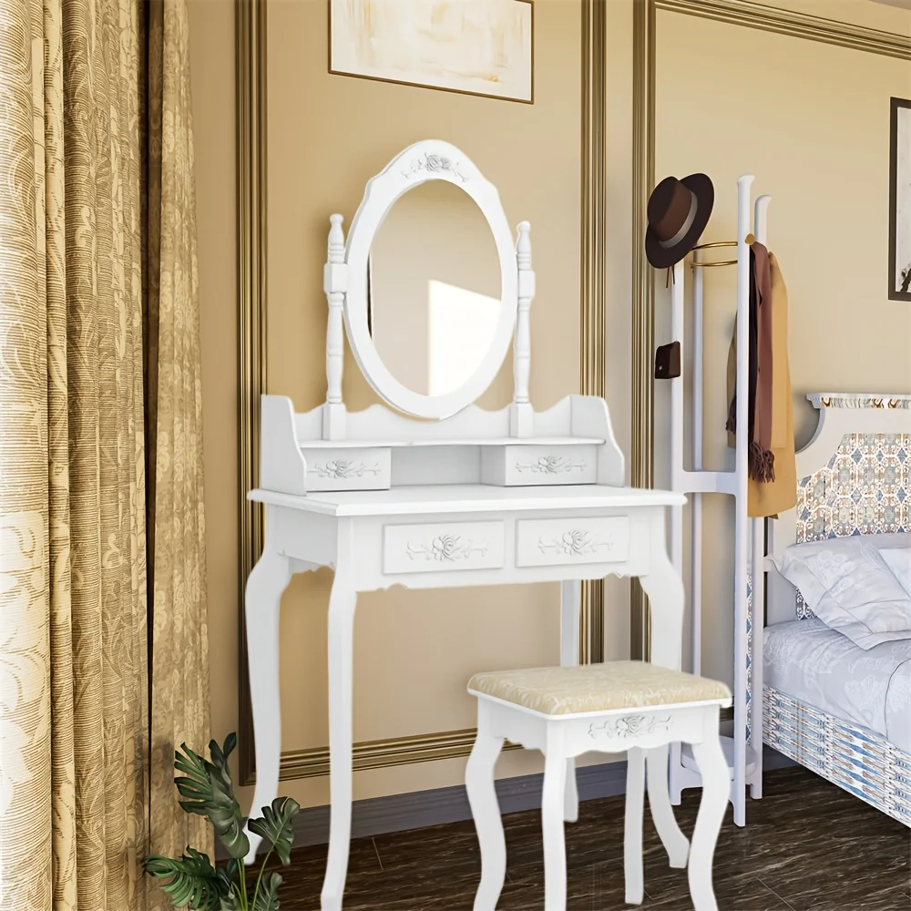 

White Modern Vintage Dressing Table with 360° Rotating Mirror & 4-Drawer Storage - Convertible Vanity Desk with Stool-Like Top