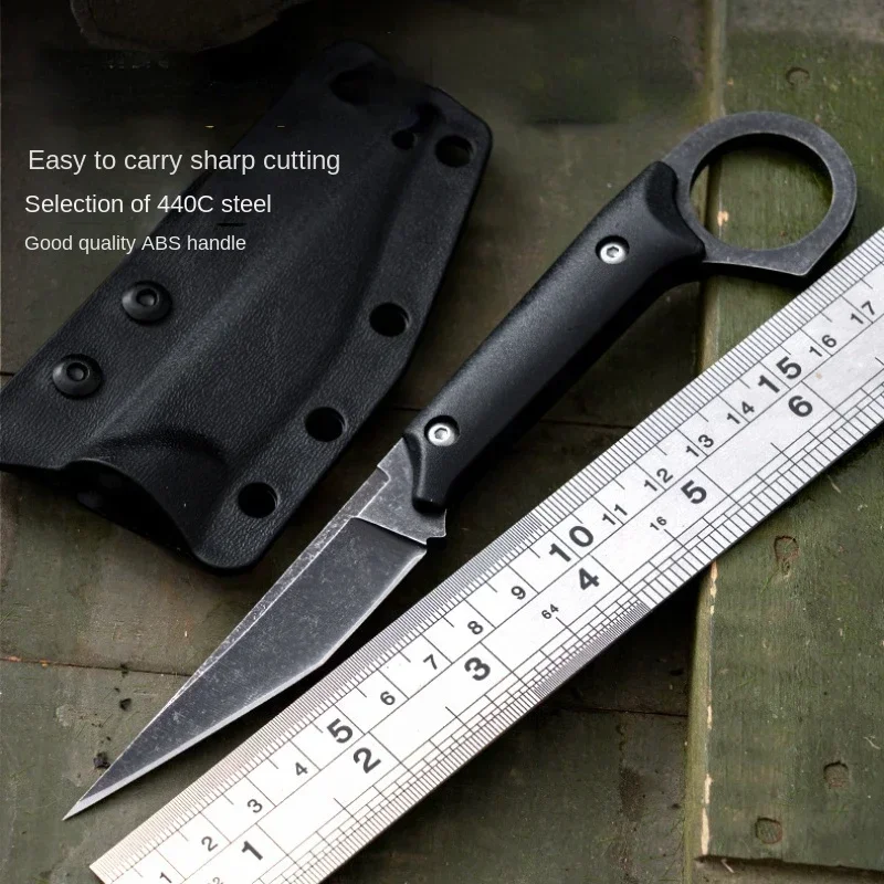 New EDC 440C Stainless Steel Tactical Straight Knife, Outdoor Self-Defense Survival Knife with K Sheath, Portable Camping Knife