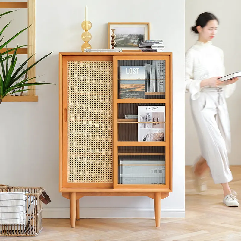 

Nordic solid wood bookcase Multifunctional magazine cabinet Living room locker TV Sofa side cabinet Japanese rattan locker