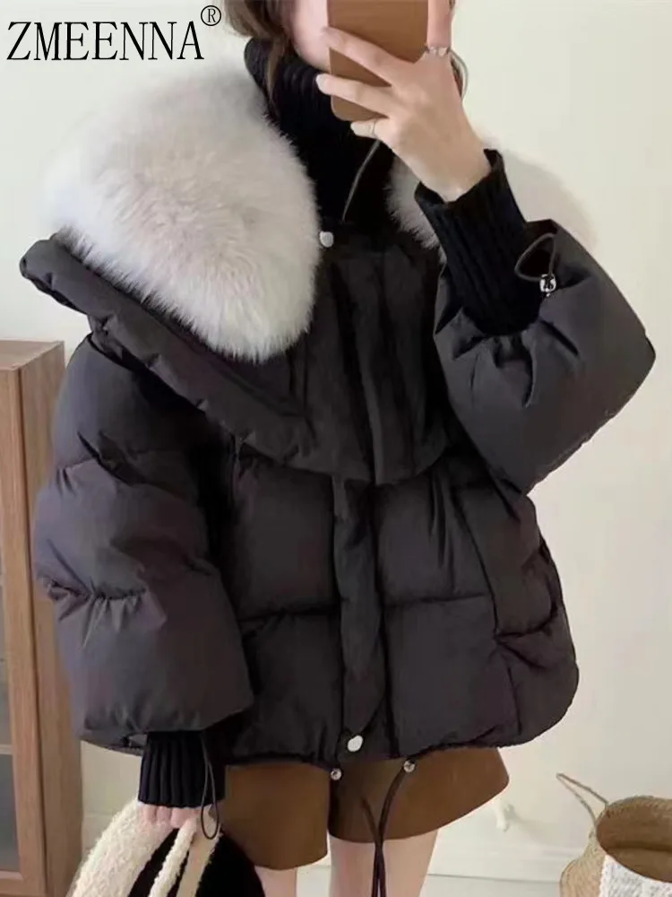 

ZMEENNA Womens Black Crop Puffer Jacket White Fur Collar Oversized Down Coat Winter Warm Full Zip Fashion Outerwear ZM4569