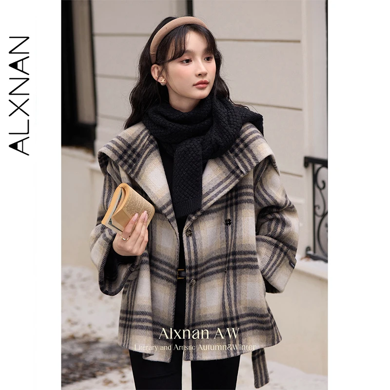 ALXNAN Woman's Woolen Coat Plaid Color-block Belt Lapel Collar Double-faced Coats 2026 Fall Vintage Thickened Outwears L523150