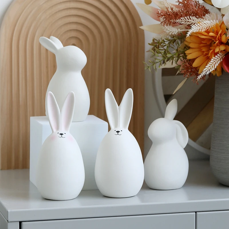 Cute Ceramics Rabbit Figurines Kawaii Hare Bunny Garden House Animal Ornaments Easter Home Room Decoration Hand Painting Embryo