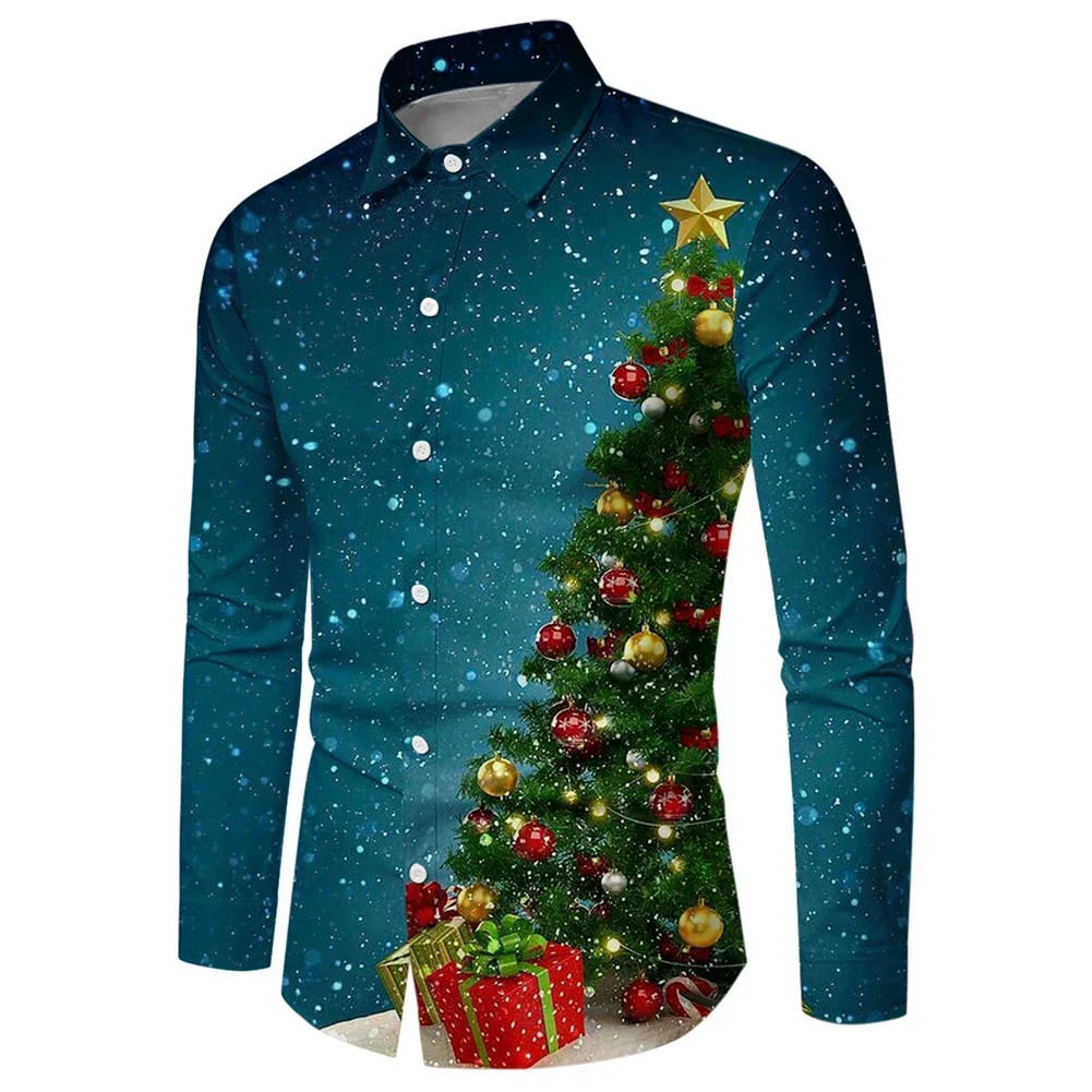 Chemise de Noël décontractée à manches longues pour hommes, col à revers, chemise régulière masculine, commande légère 3D, 03, vacances