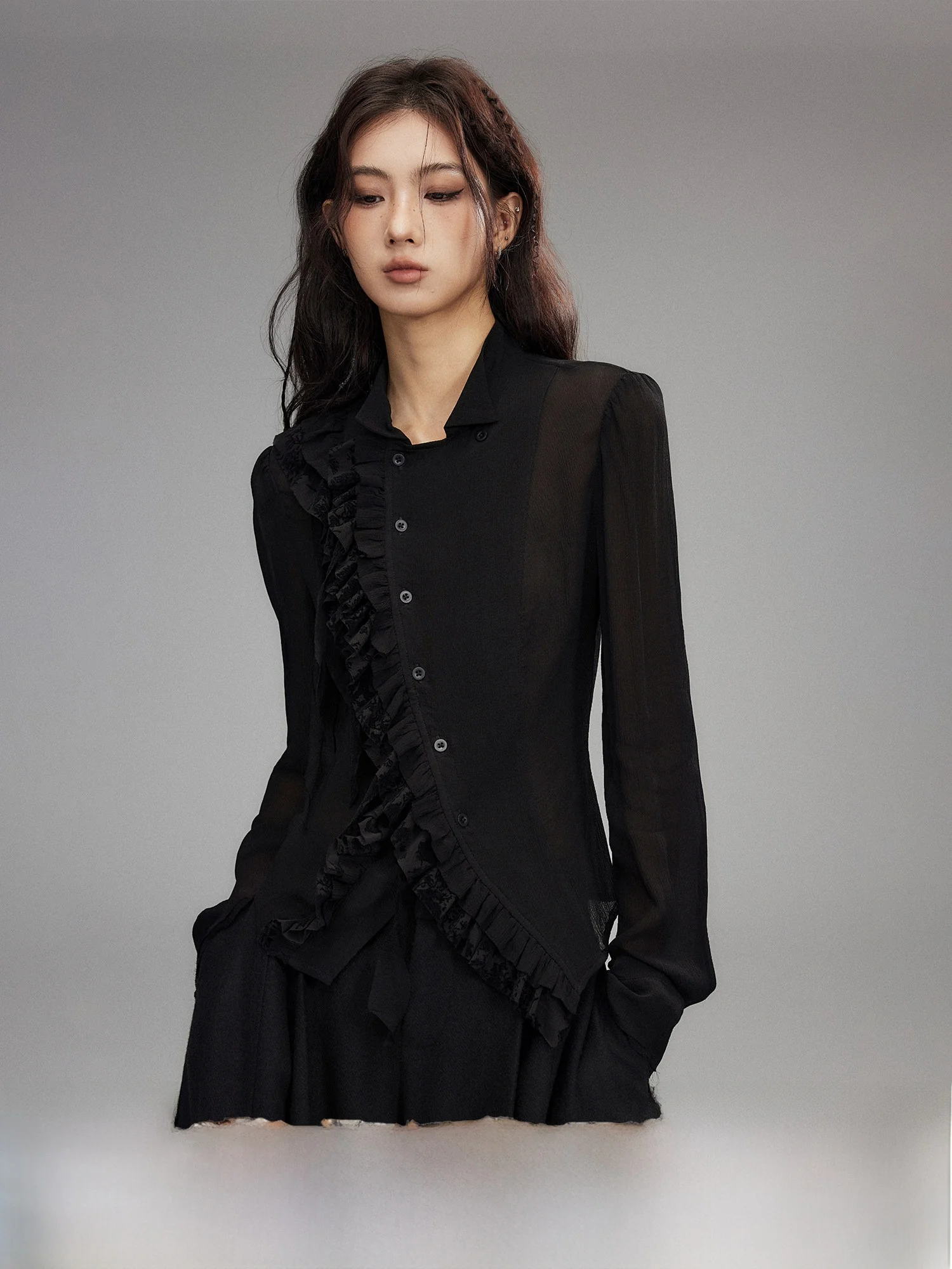 

Женская приталенная блузка с двойным кружевным воротником, шелковая, с длинным рукавом, дышащая, повседневная, модная, китайского производства