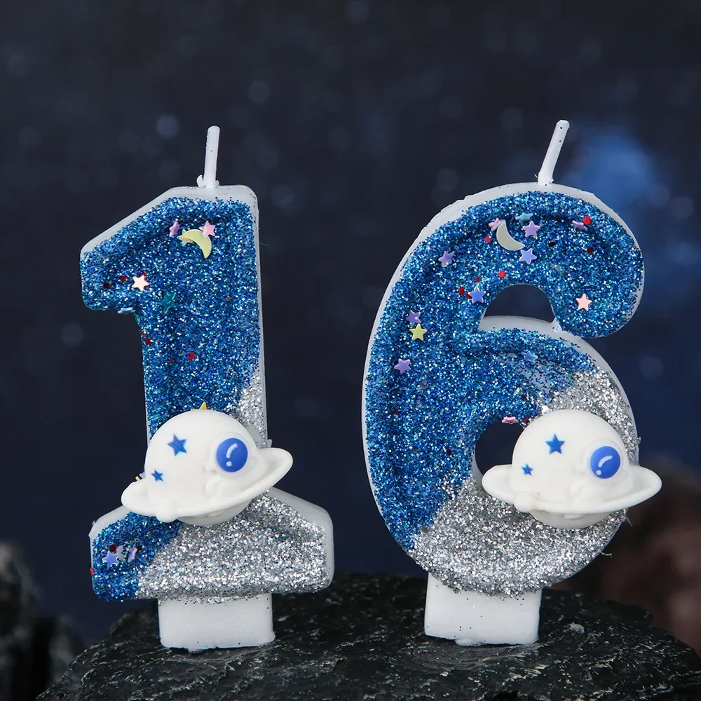 Space planet sparkling birthday candles, silver gray blue glitter numbers, outer space themed cake decoration
