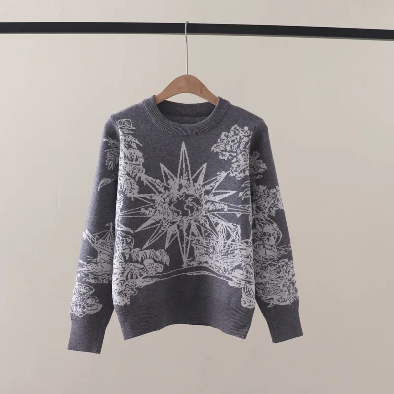 

Осень и зима NewDHome SUNFLOWER жаккардовый пуловер с круглым вырезом, свитер с длинными рукавами, универсальный серый свитер