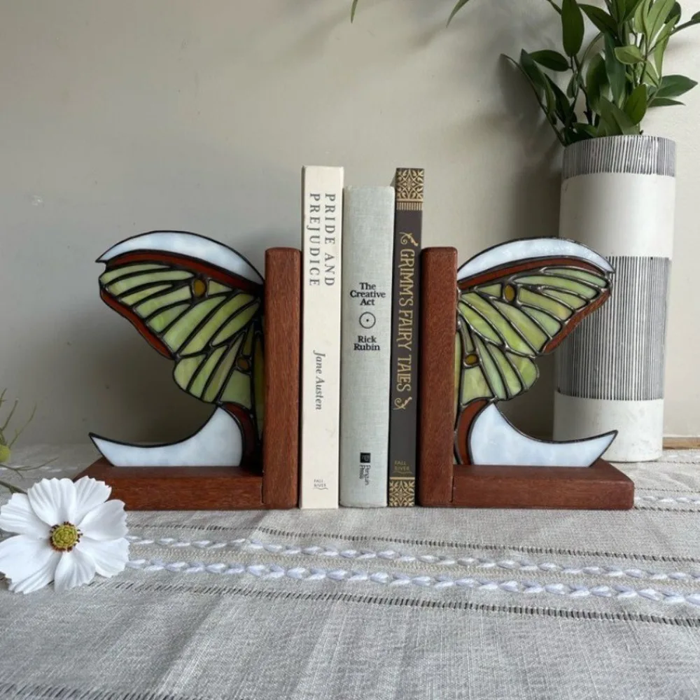 Unique Iridescent Glass Butterfly Wing Bookends Wooden Non-Skid Book Ends Holder Creative Book Stopper Home Office Decorative