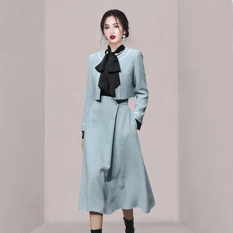 

Blue A-Line Dress And Jacket Autumn Winter Fashion Set Women's Polyester Clothing French Style Two-Piece Suit for Ladies