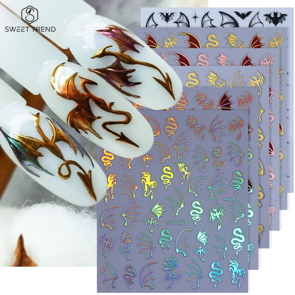 4/6pcs Devil Dragon Wing Nail Art Stickers Metal Gold Laser Bat Wing Gothic Nail Decals Slider DIY Halloween Manicure Decoration