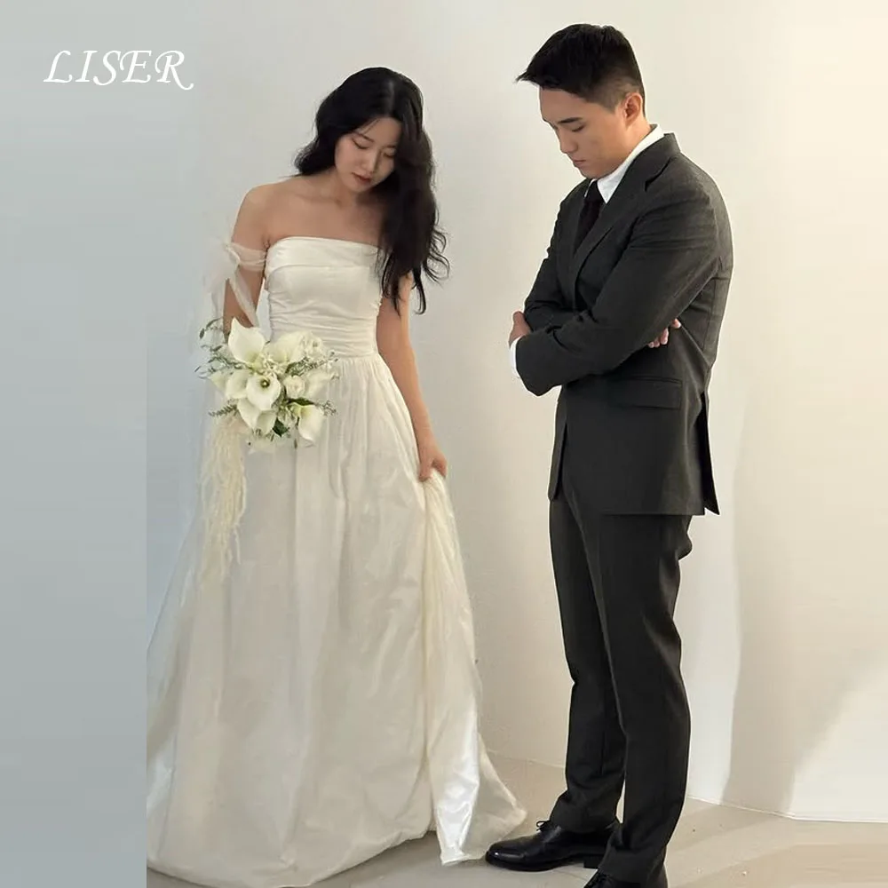 

Элегантные корейские свадебные платья без бретелек А-силуэта Длинные простые свадебные платья из шелковой тафты 웨딩드레스 Корсет на заказ сзади