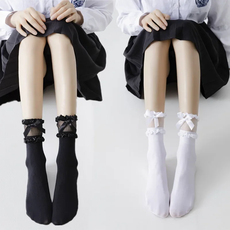 

Lolita Lace Bow Calf Socks Velvet Womens Mid-Calf Socks Japanese Style JK Scool Girls Silk Kawaii Transparent Socks Stockings