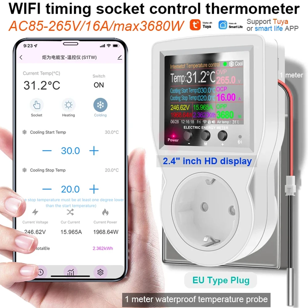 

Smart Thermostat Outlet For WIFI Temperature Controller Remote Control on Phone Auto/ON/OFF Maximum 16A ABS+Metal Material