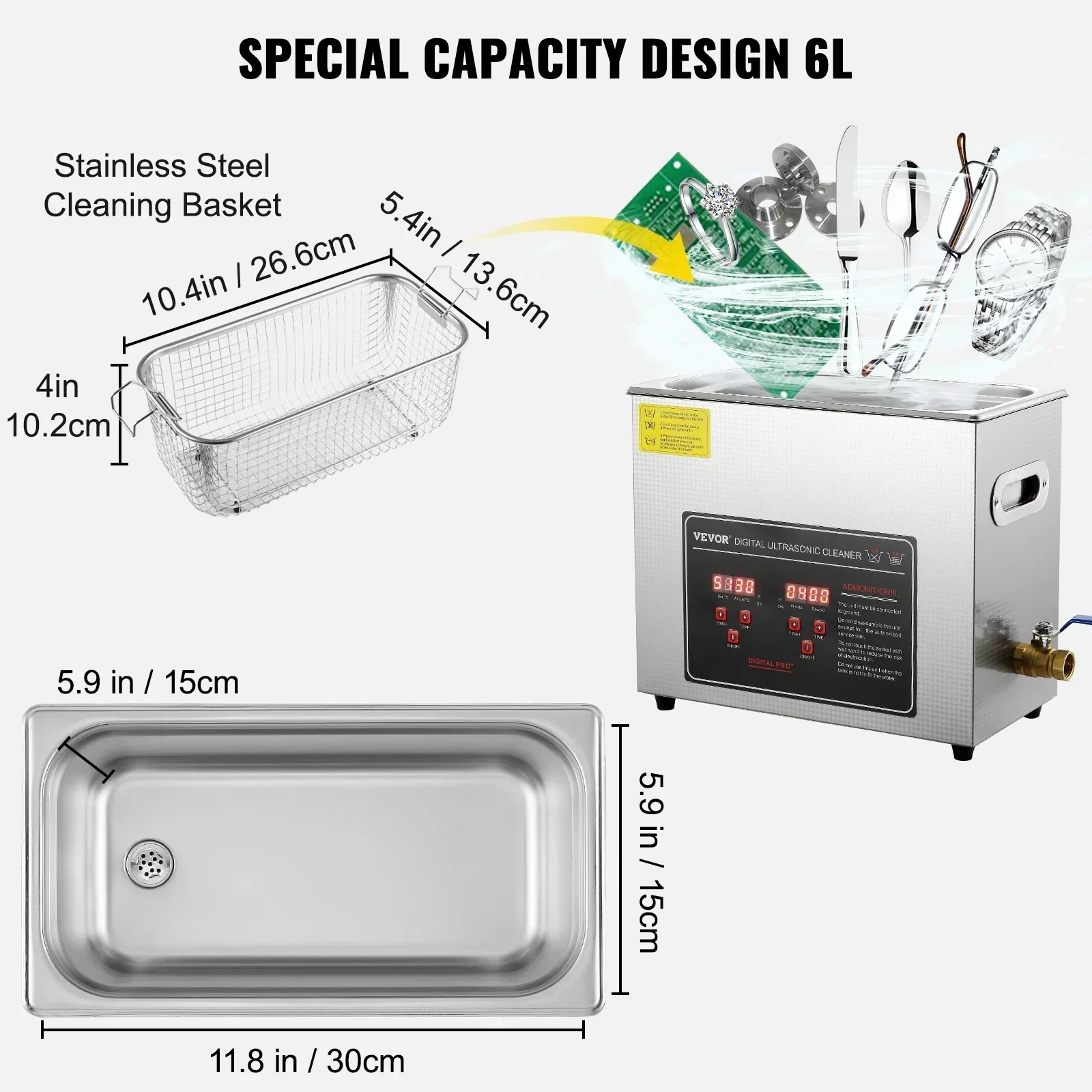 منظف بالموجات فوق الصوتية VEVOR مع مؤقت وسخان رقمي، منظف مجوهرات احترافي بالموجات فوق الصوتية، آلة تنظيف ساخنة من الفولاذ المقاوم للصدأ
