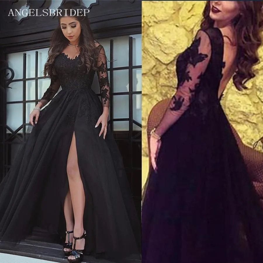 

Angelsbridep Black Long Sleeves A-Line Side Split Prom Dresses Robes De Soirée V-Neck Appliques Women Evening Formal Gowns