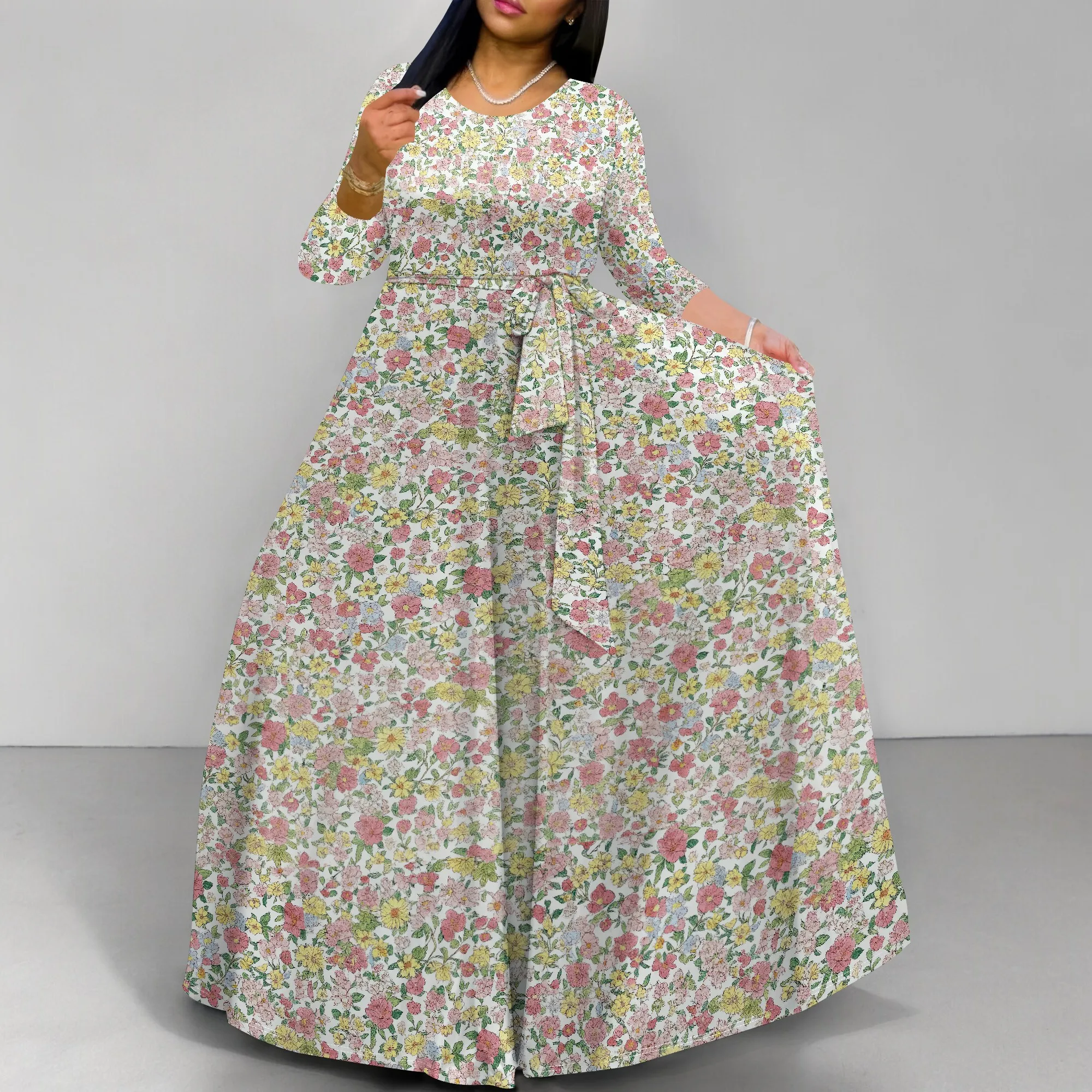 ชุดเดรสพิมพ์ลายดอกไม้พฤกษศาสตร์สตรี Casuel Crew Neck Long Maxi Dresses พร้อมเข็มขัด