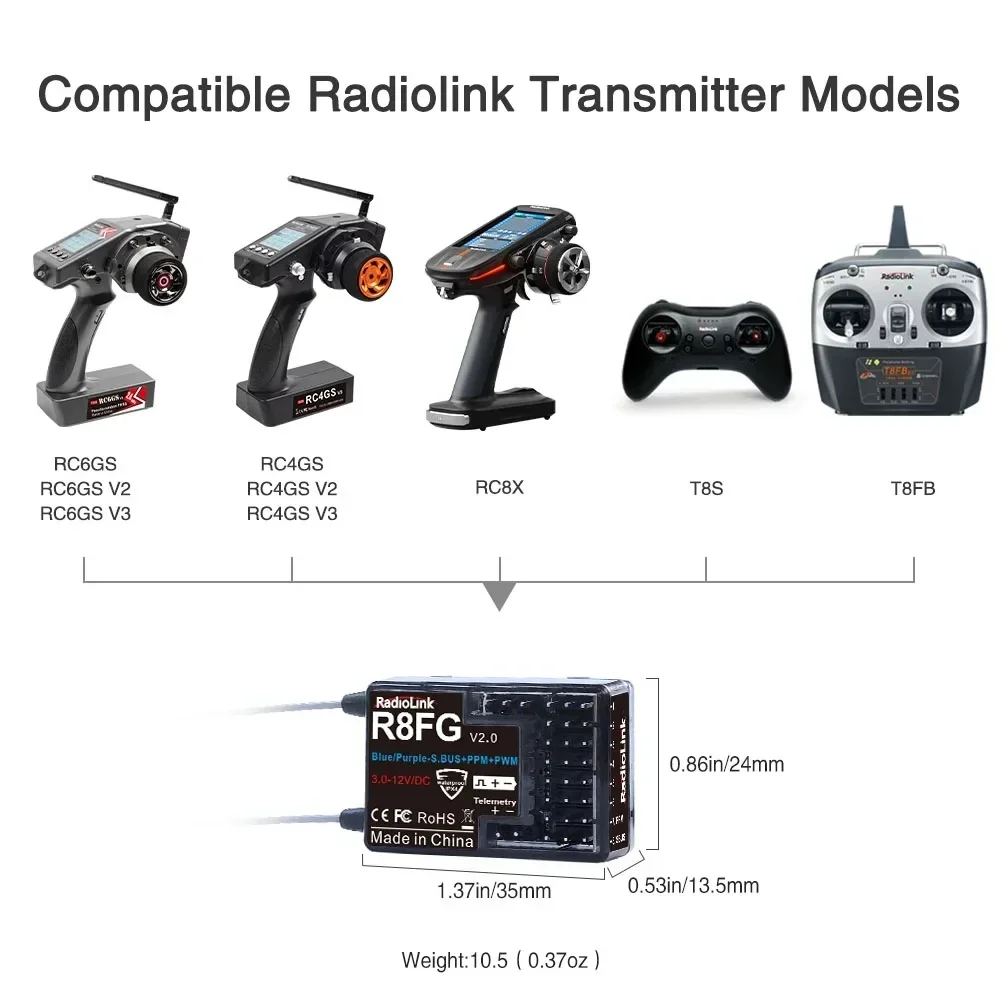 Radiolink R8FG 8 Channle 2.4G Gyro RC Receiver Dual Antenna Voltage Return 600 Meters Long Range RX for Car Boat RC Transmitter