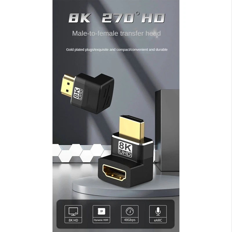 Conector de cotovelo macho para fêmea Conector de extensão HD Adaptador de ângulo direito compatível 8K