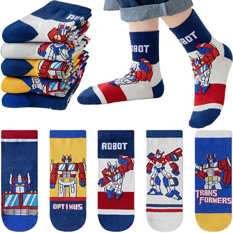5 paia di calzini Hasbro Transformers in cotone pettinato primavera e autunno calzini traspiranti per ragazzi calzini creativi a tubo centrale accessori nuovi