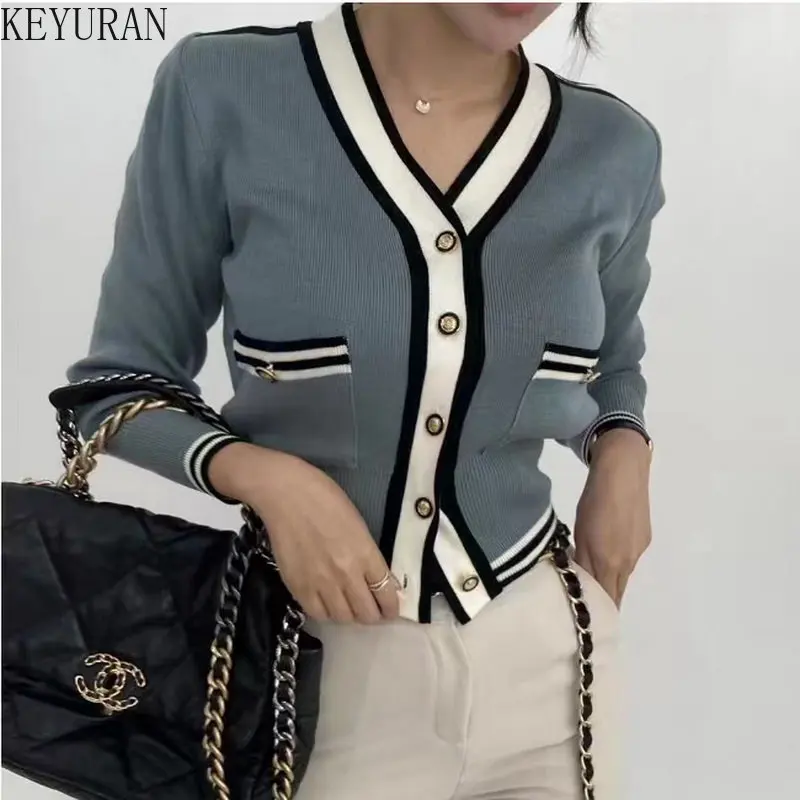 2023 Spring Autumn Striped Sweater Women Korean Fashion V-neck Slim Fit Long-sleeved Crop Top Knitted Cardigan Jacket Women Y2k