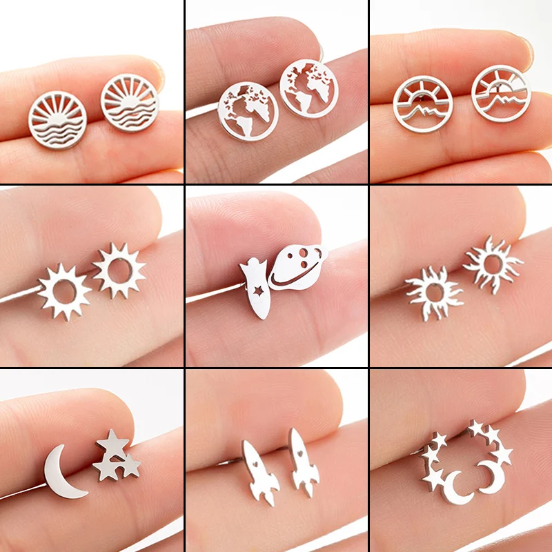 Punk Stainless Steel Rocket Planet Earring for Women Moon Star Ear Jewelry Girls Boho Sun Earrings Gifts Accessories Wholesale
