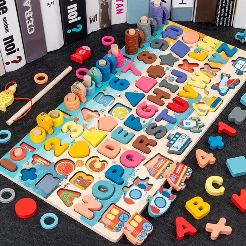 

Montessori Educational Wooden Toys Seven in one Number Plate Preschool Children's Fishing Puzzle Baby Early Education Math Toys