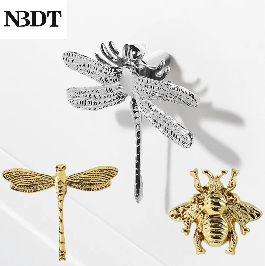2Pcs Brass Dragonfly Bee Pattern Cabinet Pull Knob Gold Silver