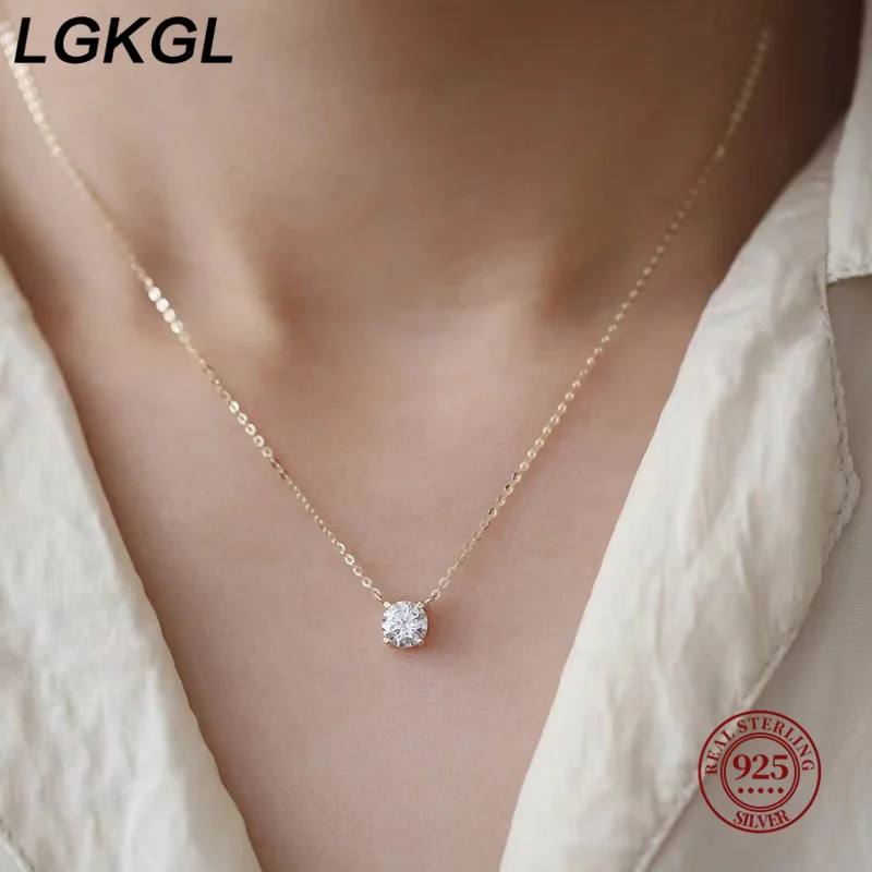 LGKGL-925 Sterling Silver 18K Banhado A Ouro Colares, Feminino Zircão Clavícula Cadeia, Versátil Único Espumante Colares, Coleiras De Casamento, 6mm