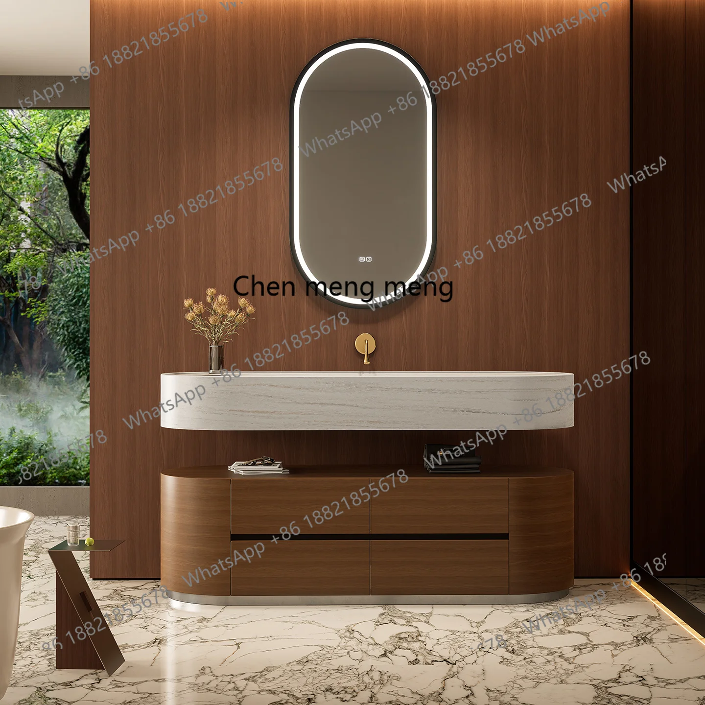 

2025 new Corian integrated basin medieval hotel style double-layer split rubber wood bathroom cabinet