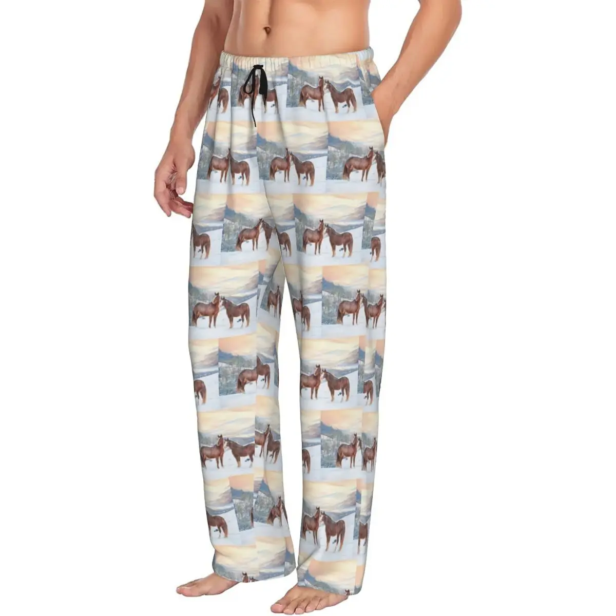 

Мужские пижамные штаны с изображением лошадей со снегом и закатом, одежда для сна с карманами на заказ