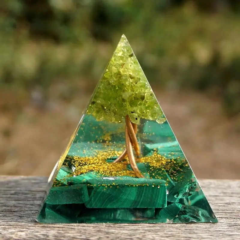 

Handmade Tree of Life Orgone Pyramid 50mm Peridot Malachite Energy Healing Chakra Reiki Tool PTSD Or Accumulator, EMF Orgonite