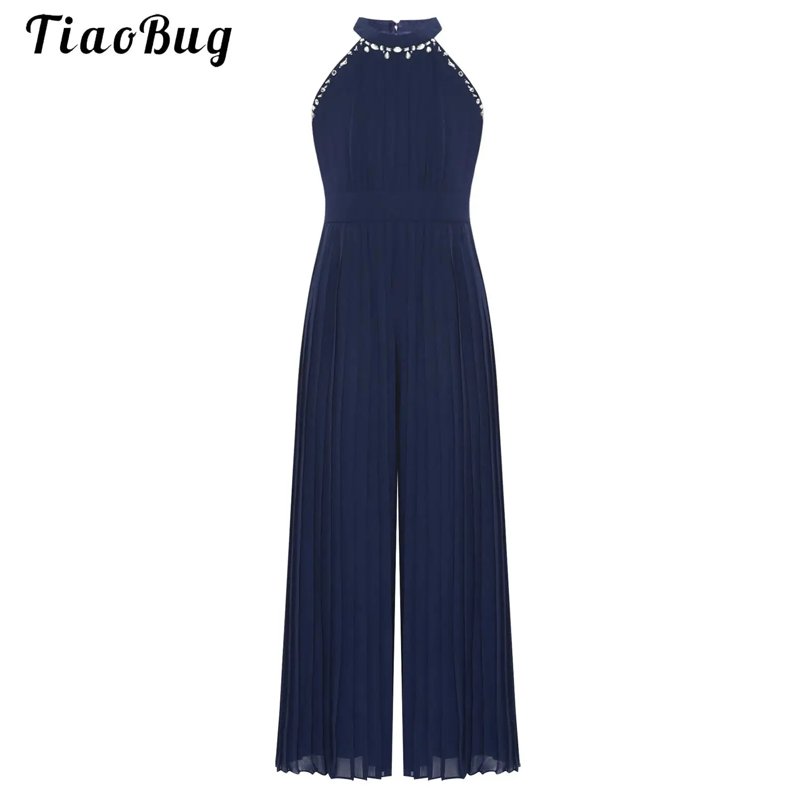 

Girls Jumpsuit Summer Halter Glitter Rhinestone Overall Suit Full Length Wide Leg Pants Romper For Party Wedding Communion