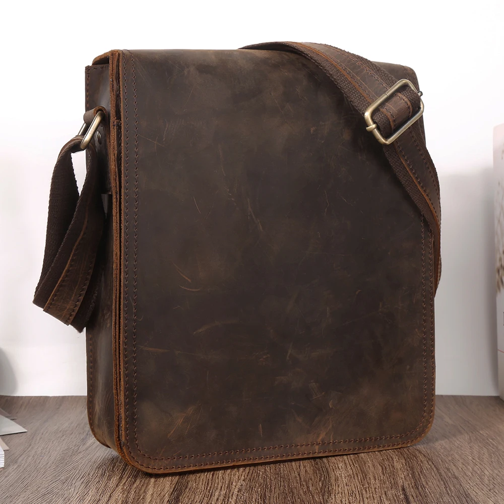 

Vintage Crazy Horse Leather Men Messenger Bag Flap Casual Male Small Crossbody Bag for 9.7" iPad Travel Work Shoulder Bag