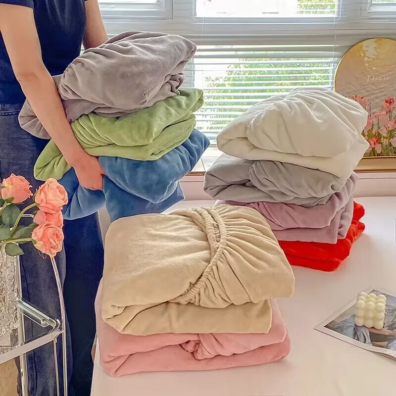 Single/Double/King Size Plush Bedspread Milk Fleece Fitted Sheet Solid Color Elastic Full Coverage Bedding Mattress Protector