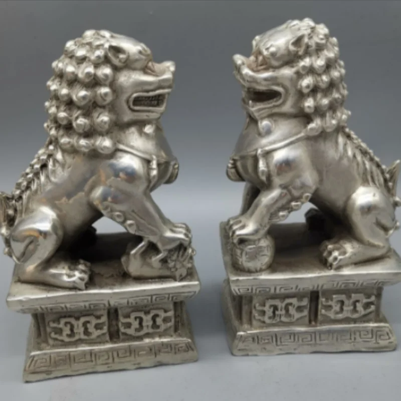 Antique White Copper Silver Plated Lion Statues a Pair - Door Guardian Ornaments, Home Decor Auspicious beast Mascot Crafts