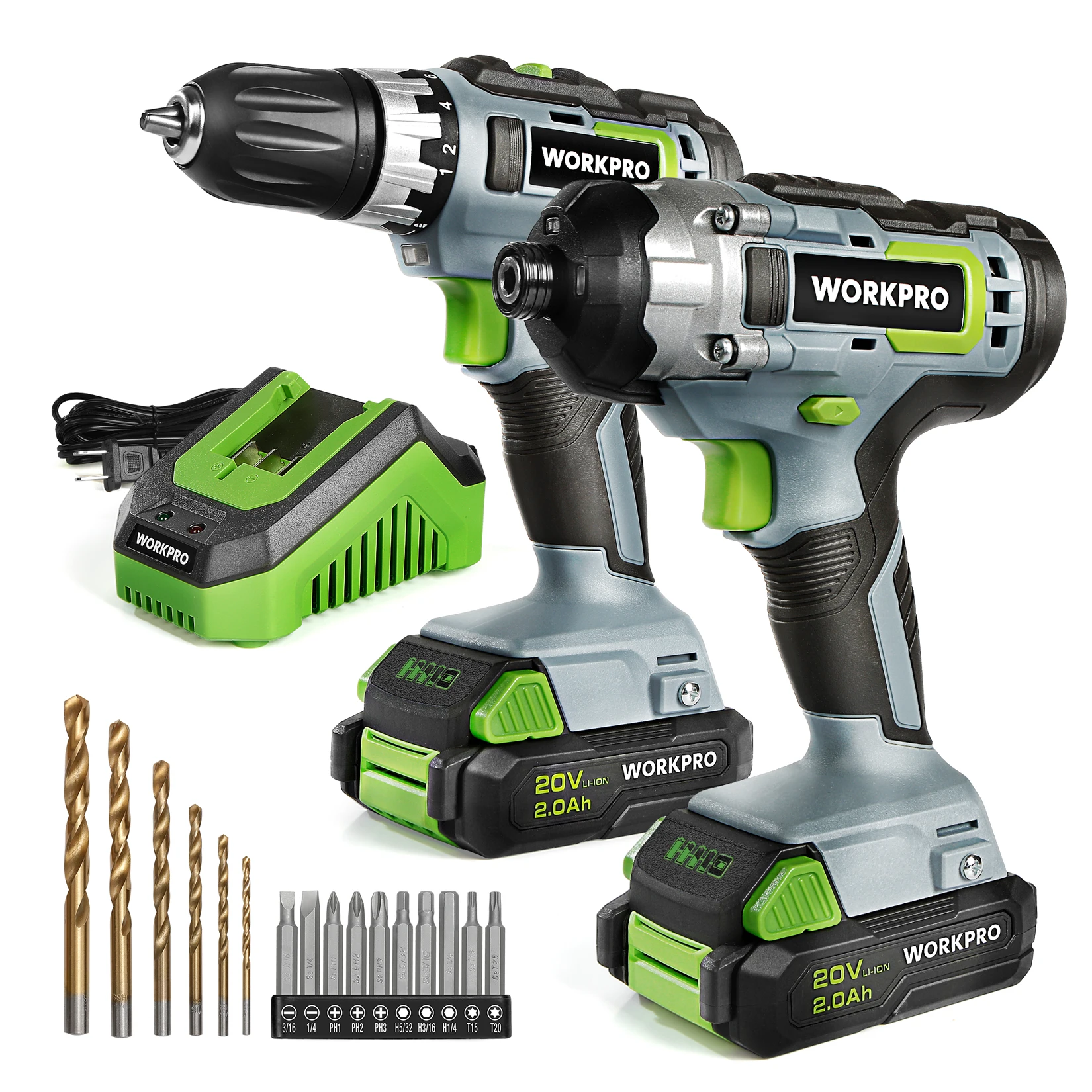 WORKPRO 21PC 20V Li-ion Cordless Compact Drill Driver Set and Impact Driver Set Including 2 Fast Charging Batteries Power Tool