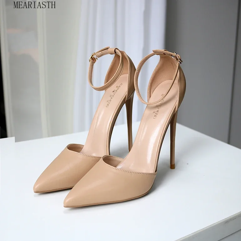 Meariasth polos Nude wanita Matte tali pergelangan kaki ujung runcing Stiletto pompa elegan D'Orsay gaun hak tinggi sepatu 8cm 10cm 12cm