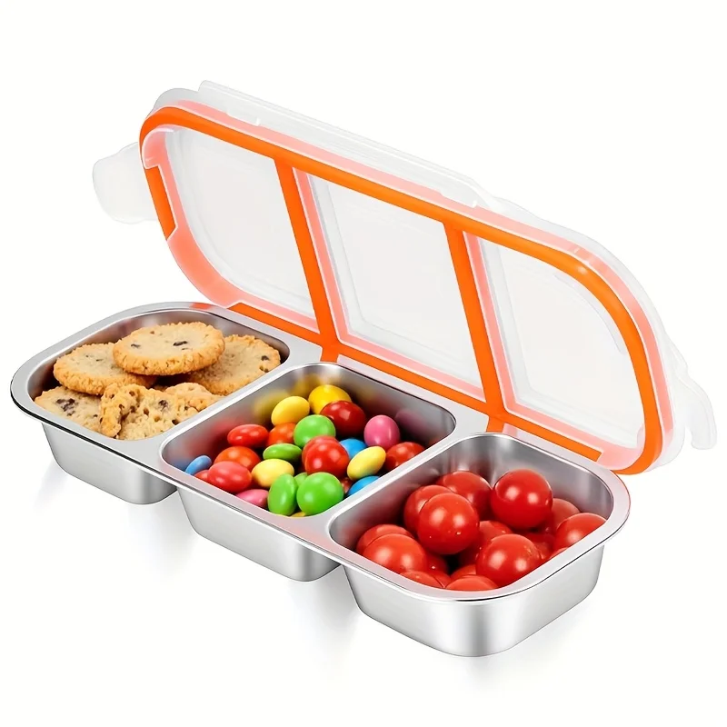 Stainless Steel Refrigerator Storage Box - Three/Two Compartment Snack Box with Lid, Reusable Spice Rack for Picnics