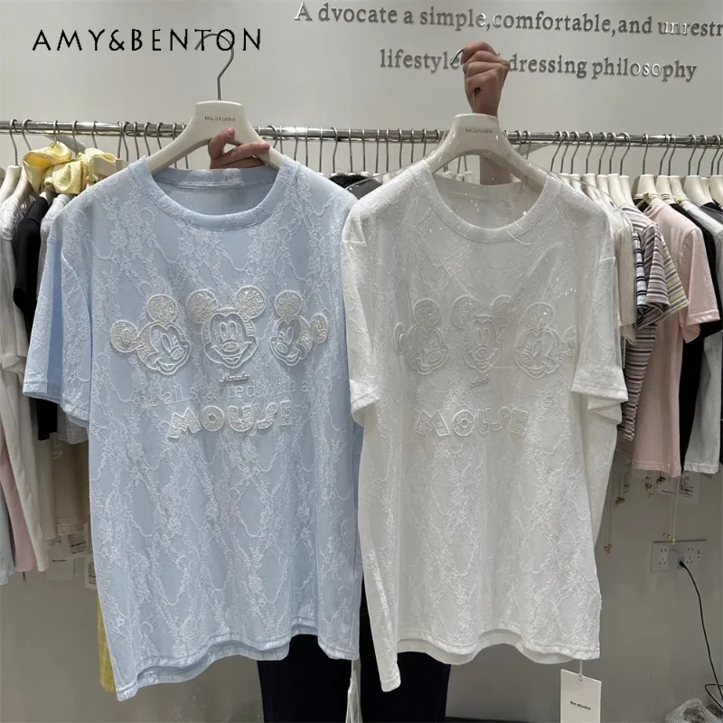 

Lace Short-sleeved T-shirt Women's Summer Heavy Industry Design Top Fashion Unique Design Age-reducing Long Half-sleeved Tees