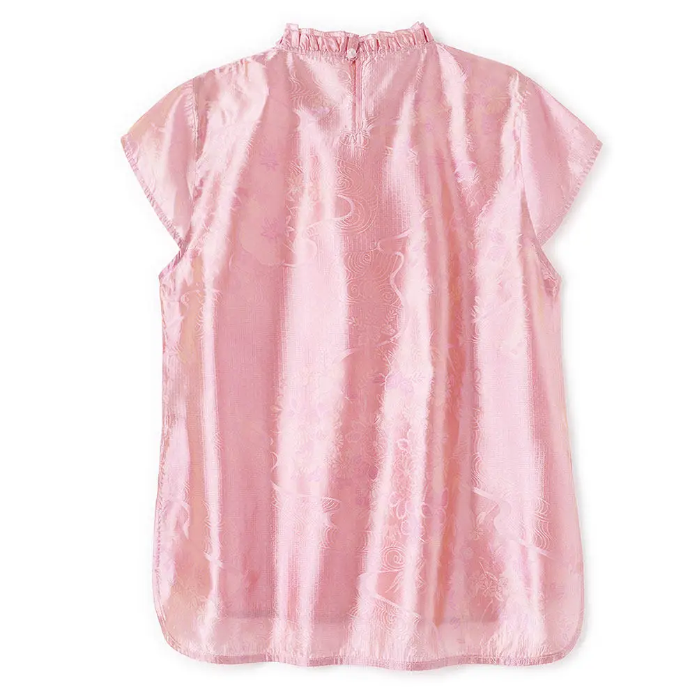 BirdTree-Silk Floating Light Brocade Elegant T-Shirt, Ruffled Jacquard, Women Versatile Thin Loose Top, 2026 Summer New T66564CC