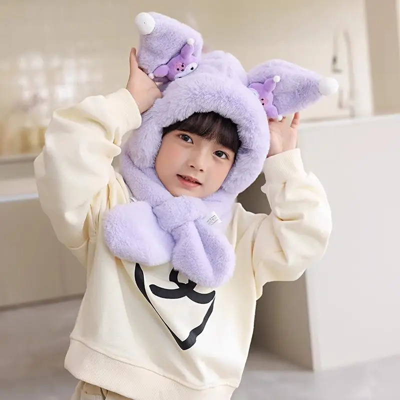 Kuromi Child Hat Scarf Integrated Hat Cute Sanrios Keep Warm Anime Figure Student Kawaii Cartoon Ear Protection Hat Girl Thicken