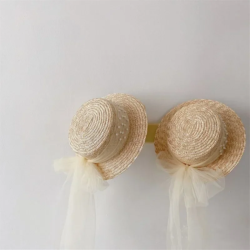 

Elegant Fashion Mother Daughter Sunhats Lace Mesh Pearls Hat Cap Outdoor Beach Sunprotection Summer Straw Hat for Adult and Girl