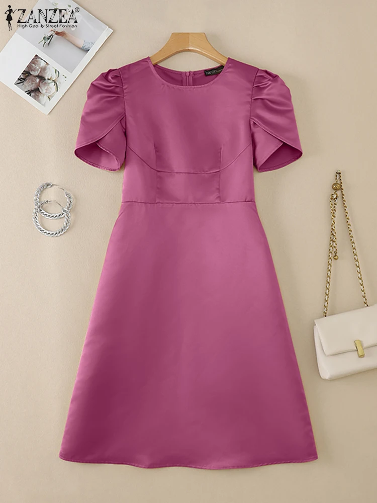 Zanzea verão elegante manga curta cetim festa midi vestido de verão feminino sólido ol vestido de trabalho elegante a linha clube vestidos robe 2025